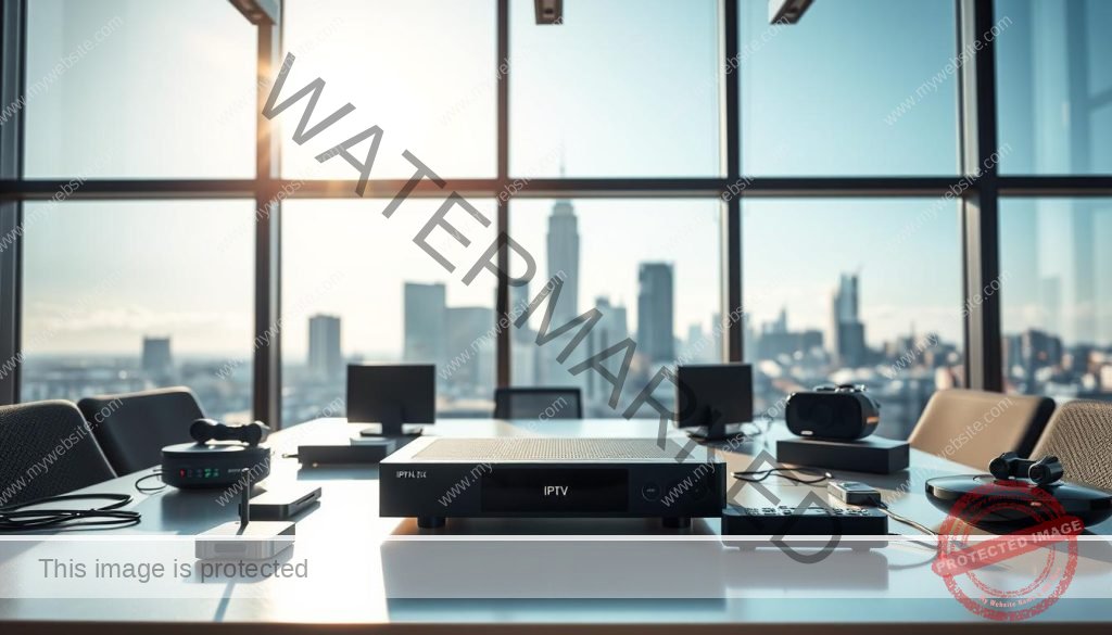 A sunny and tranquil office scene, with a modern IPTV box prominently placed on a sleek, minimalist desk. The box is surrounded by various streaming devices, representing the benefits of a dedicated streaming solution. Soft natural lighting filters through large windows, casting a warm glow on the workspace. In the background, a city skyline is visible, symbolizing the connectivity and accessibility of IPTV streaming. The overall composition conveys a sense of efficiency, productivity, and the advantages of a dedicated IPTV setup for optimal streaming performance. A sunny and tranquil office scene, with a modern IPTV box prominently placed on a sleek, minimalist desk. The box is surrounded by various streaming devices, representing the benefits of a dedicated streaming solution. Soft natural lighting filters through large windows, casting a warm glow on the workspace. In the background, a city skyline is visible, symbolizing the connectivity and accessibility of IPTV streaming. The overall composition conveys a sense of efficiency, productivity, and the advantages of a dedicated IPTV setup for optimal streaming performance.